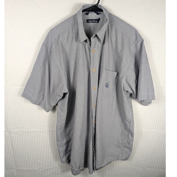 Nautica L Shirt Mens Plaid Blue Cotton Short Sleeve Button Up Casual Classic - Picture 1 of 4